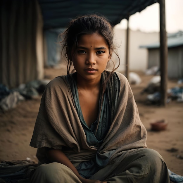 Foto una pobre chica hambrienta comiendo comida sucia y usando una tela sucia sentada en la tierra de la destrucción