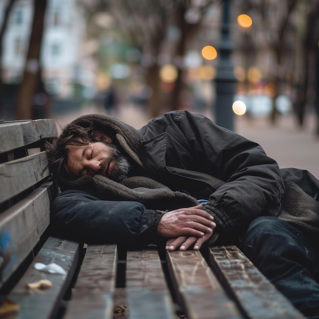Pobre hombre sin hogar cansado deprimido hambriento o refugiado durmiendo en el banco de madera en la calle urbana en el concepto de documental social de la ciudad fría