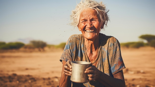 Foto pobre mendiga com fome, velhota de pele escura da áfrica com sede de água para beber.