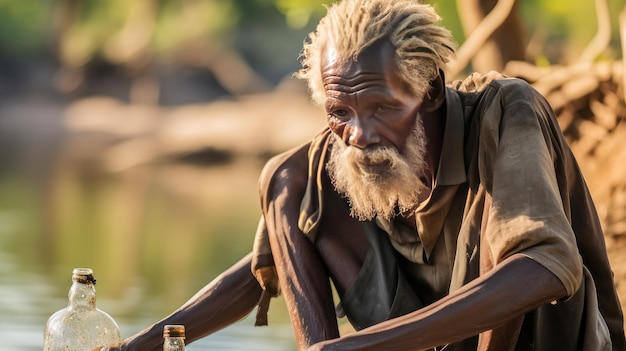 Foto pobre mendigo hambriento de piel oscura viejo delgado anciano en áfrica lava platos en un río sucio insalubre