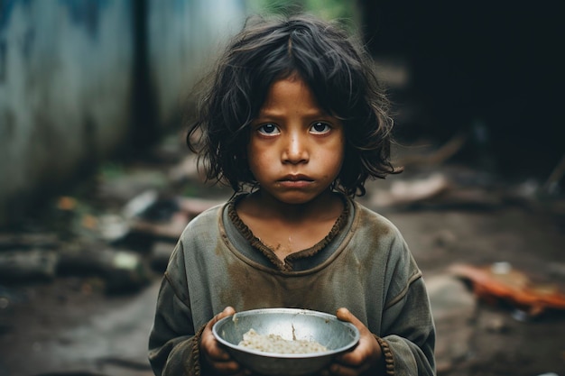 Foto pobre niño hambriento y hambriento mirando a la cámara.