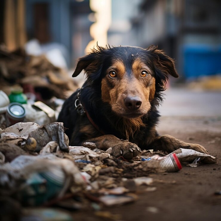 pobre perro buscando comida en la calle