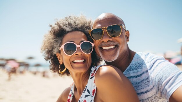 POC pareja de mediana edad disfrutando del tiempo en la playa vacaciones de verano hombre y mujer