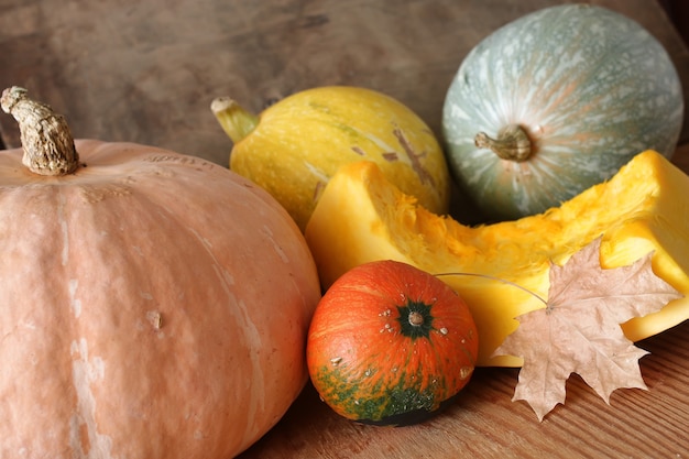 Poca cosecha de corte de calabaza en mesa de madera