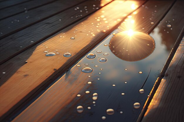 Poça em um deck de madeira com pingos de chuva refletindo a luz do sol