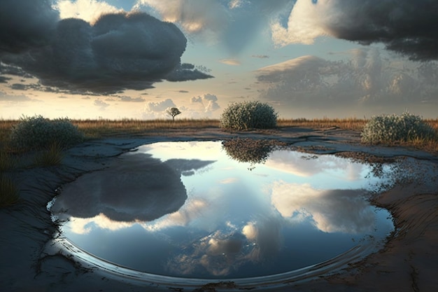 Poça grande que reflete o céu e as nuvens criando uma cena tranquila
