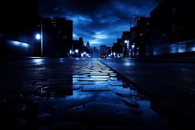 Foto poças de chuva azuis escuras refletindo as luzes da cidade