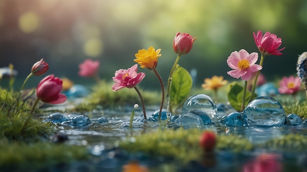 unas pocas flores están en un charco de agua