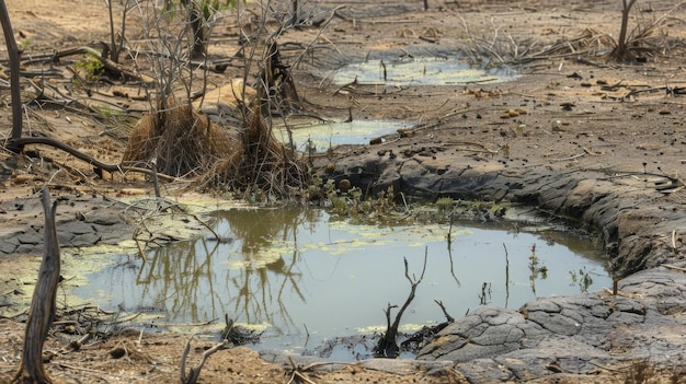 Las pocas fuentes de agua restantes están rodeadas de plantas marchas y animales desesperados luchando