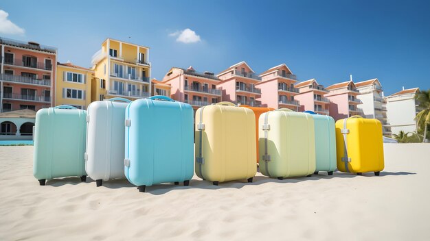 Pocas maletas modernas en la playa tropical en un día soleado arte generado por la red neuronal
