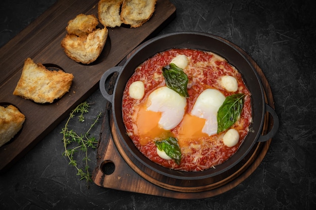 pochierte Eier mit Tomaten und Sauce in einer Pfanne auf einem Holzbrett