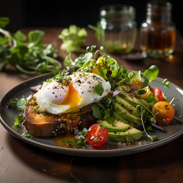 pochierte Eierspeise auf einem Teller mit Tomaten, weiches Ei, Sauerteig, zerdrückter Avocado-Toast