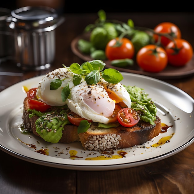 pochierte Eierspeise auf einem Teller mit Tomaten, weiches Ei, Sauerteig, zerdrückter Avocado-Toast