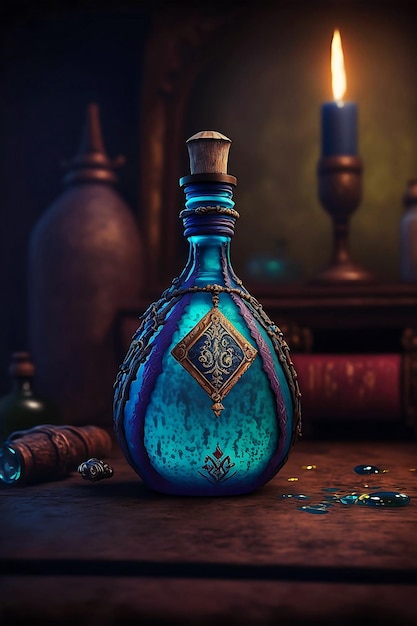 Poción azul mágica en una botella de arte digital