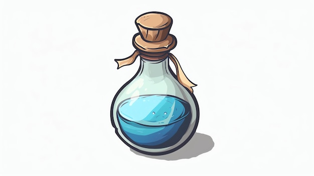Una poción mágica en una botella de vidrio la botella es azul y tiene un tapón de corcho la poción es de color azul claro y está burbujeando