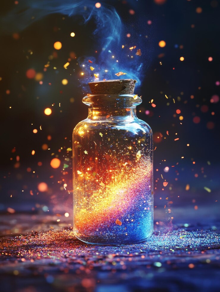 Foto poción mágica en una botella de vidrio con brillo espumoso