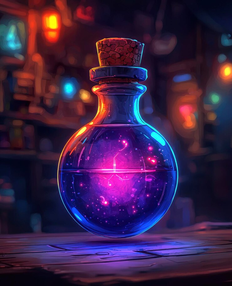 Foto poción mágica en una botella de vidrio con una nebulosa brillante