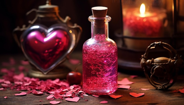 Foto poción mágica del día de san valentín con ingredientes como pétalos de rosa y polvo de estrellas generados por