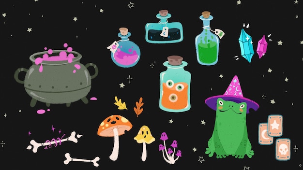 Pociones de estilo dibujado setas y rana bruja rodeados de objetos mágicos perfectos para la brujería y