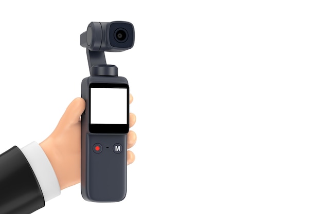 Foto pocket handheld gimbal action camera in cartoon hand 3d-rendering