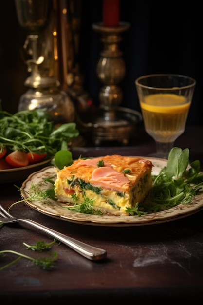 Un poco de quiche de salmón y espinacas en un plato con un plato de verduras