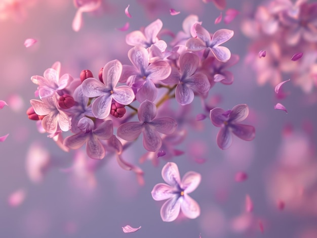 unos pocos pétalos de micro flores de lila volando por el aire en el fondo de lila del banco