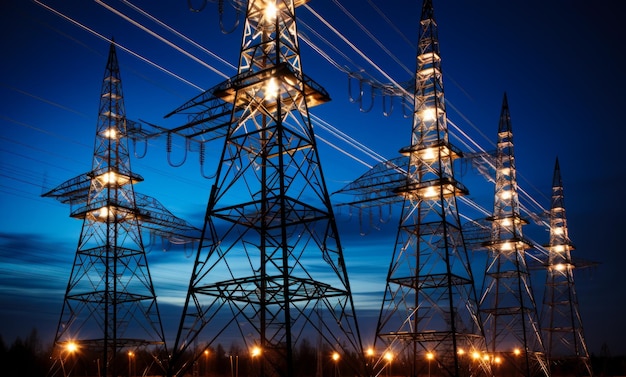 Unos pocos soportes de energía con lámparas encendidas por la noche Vista de ángulo bajo en las torres eléctricas en el fondo del cielo azul oscuro