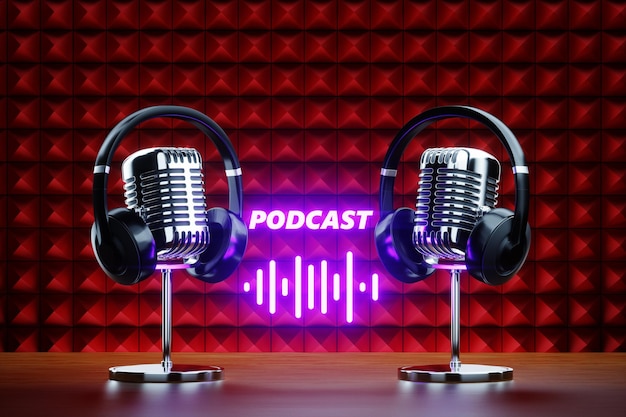 Podcast-Inschrift Drahtlose Kopfhörer und Mikrofon im Retro-Design auf dunklem Hintergrund Konzept für Podcast-Interview-Radio Hören von Podcasts 3D-Rendering 3D-digitale Illustration