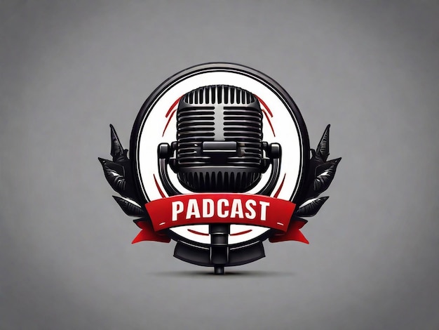 Foto podcast logotipo con micrófono y auricular ondas de radio de audio para estudio talk show chat intercambio de información entrevista multimedia y web
