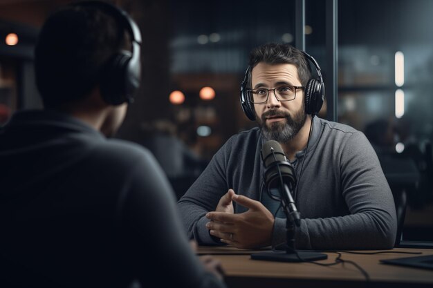 Foto podcast de negocios grabado en un estudio charla con hombres de negocios programa de charlas profundas