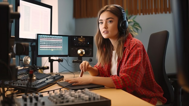 Podcaster feminina fazendo podcast de áudio Mulher gravando um podcast em seu laptop