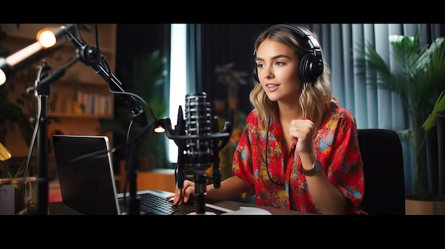 Podcaster feminina fazendo podcast de áudio Mulher gravando um podcast em seu laptop