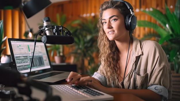 Podcaster feminina fazendo podcast de áudio Mulher gravando um podcast em seu laptop