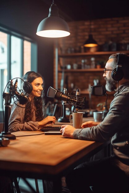 Foto podcasters mulheres e homens no microfone gravando podcasts juntos discussões animadas