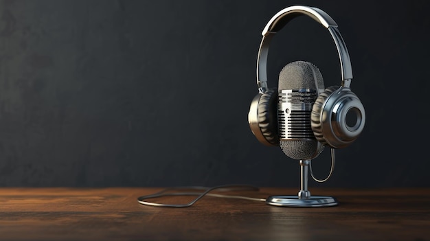 Podcasting y concepto de radio con micrófono retro y auriculares en una mesa de madera vacía y fondo de pared en blanco oscuro con lugar para su logotipo o texto