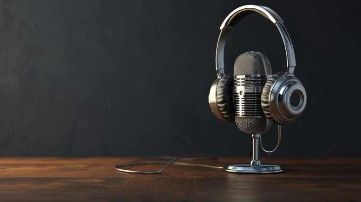 Podcasting y concepto de radio con micrófono retro y auriculares en una mesa de madera vacía y fondo de pared en blanco oscuro con lugar para su logotipo o texto