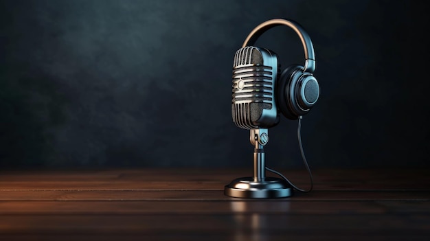 Podcasting y concepto de radio con micrófono retro y auriculares en una mesa de madera vacía y fondo de pared en blanco oscuro con lugar para su logotipo o texto