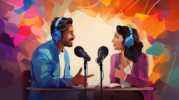 Podcasting Duo Concept Um podcast com um homem e uma mulher em conversa e troca