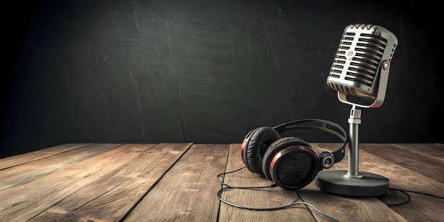 Podcasting und Radio-Konzept mit Retro-Mikrofonen und Kopfhörern auf einem Holztisch 3D-Mockup