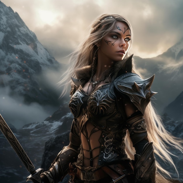 El poder ardiente de un guerrero elfo de Skyrim Batalla legendaria en medio de montañas caóticas