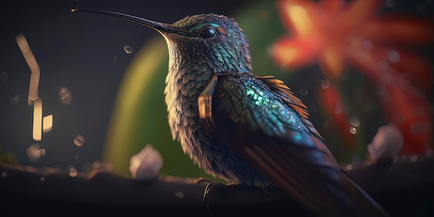 El poder y la belleza de la naturaleza capturados en una impresionante fotografía de un colibrí enfocado en medio de destellos de luz natural y bokeh Una verdadera obra maestra de la fotografía de vida silvestre Generada por IA