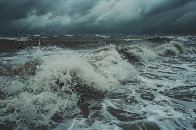 el poder y la belleza del tiempo marino tormentoso con olas dramáticas chocando contra la orilla