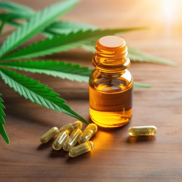 Poder curativo revelado Medicamento CBD ao lado da folha de cannabis