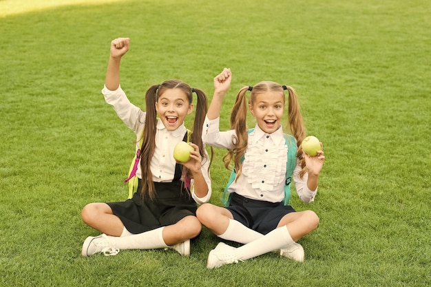 Poder das maçãs na sua saúde Crianças felizes seguram maçãs em grama verde Dieta natural Saúde dental Higiene bucal Hábitos de cuidados dentários Prevenção de cáries Cuidados com crianças e saúde Educação em saúde