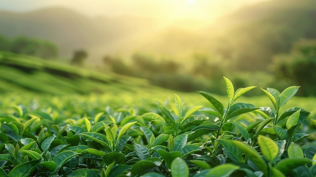 Foto pôder de matcha verde fresco em uma essência de zen de campo de chá borrado