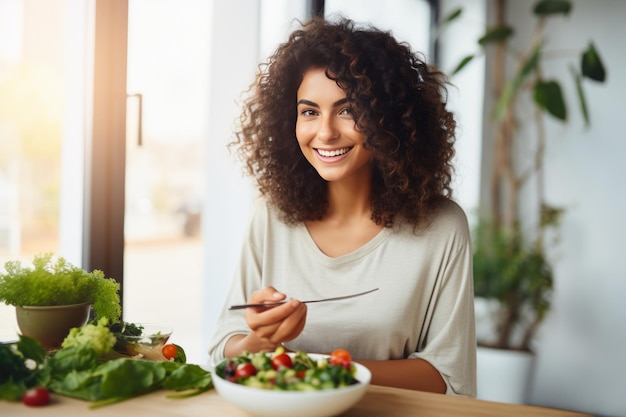 El poder de una dieta saludable Testigo de una mujer radiante abrazando ensalada vegetariana orgánica fresca en un M