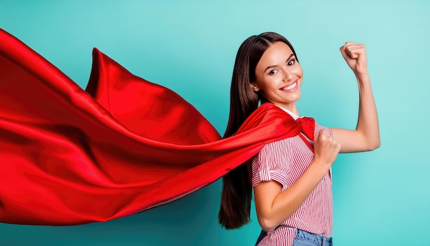 Poder femenino y concepto de gente mujer feliz con capa de superhéroe roja sobre fondo azul