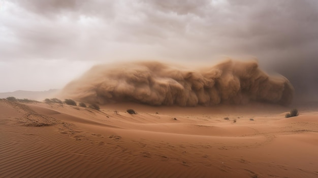 El poder de la naturaleza en una impresionante tormenta de arena en el desierto La arena se arremolina y baila en el aire creando una atmósfera dramática e inspiradora Generative ai