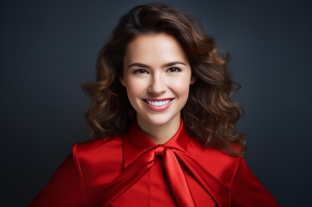 Poder de negocios y conceptos de personas joven mujer de negocios sonriente con capa roja de superhéroe