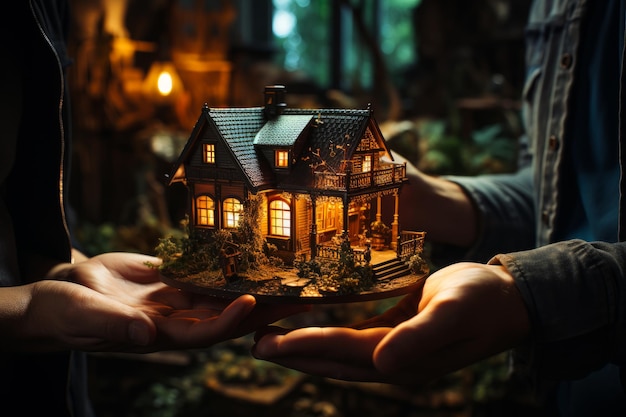 El poder de ser propietario de una casa Abrazando el sueño de una casa pequeña en sus manos Una persona que tiene una casa pequena en sus manos